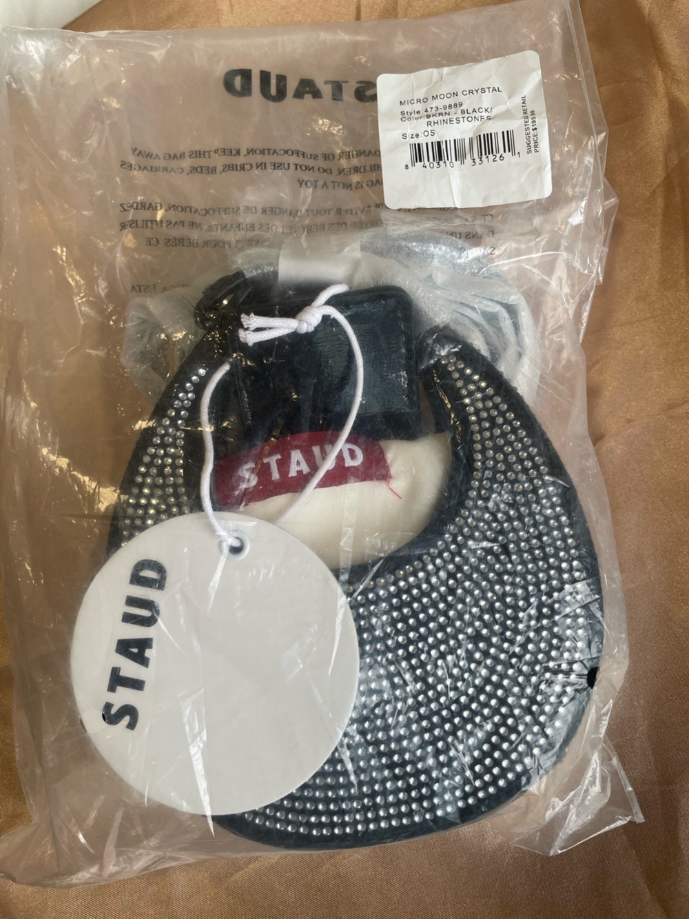 STAUD NWT Micro Moon Crystal Rhinestone Black Leather Crossbody Bag